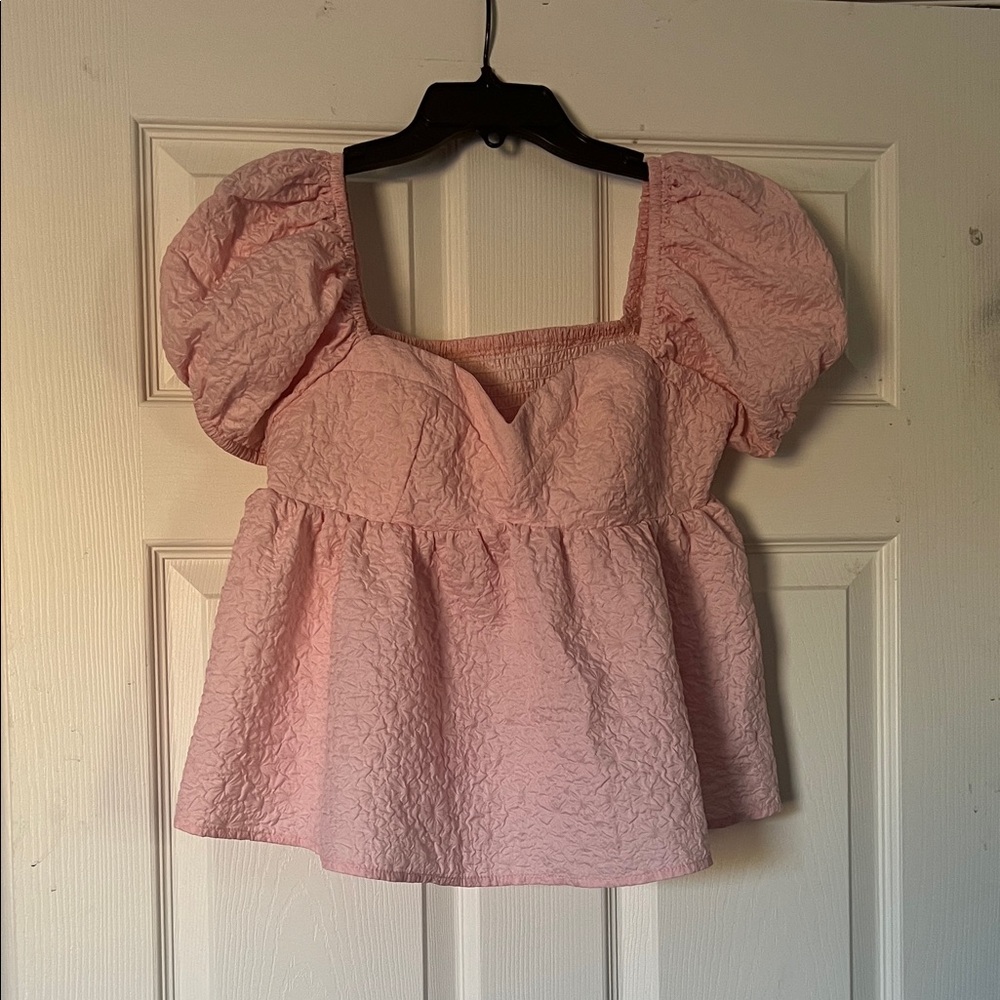 SHEIN Pink Textured Puff Sleeve Blouse